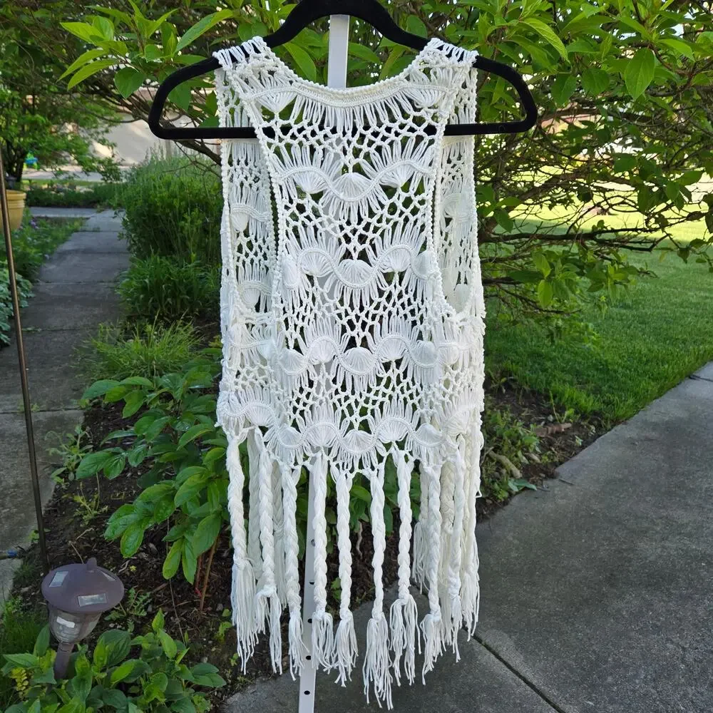 White Crochet Boho Cardigan Vest by hippie laundry Festival size Small
